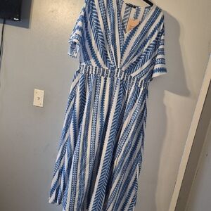 BloomChic Blue & White Striped Midi Dress